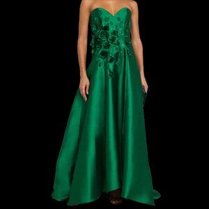 Badgley Mischka Strapless High/Low Appliqué Gazar Gown Kelly Green SZ 10 Altered